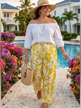 Women’s Sun-Kissed Tropical High-Waisted Wide-Leg Pants - Size L